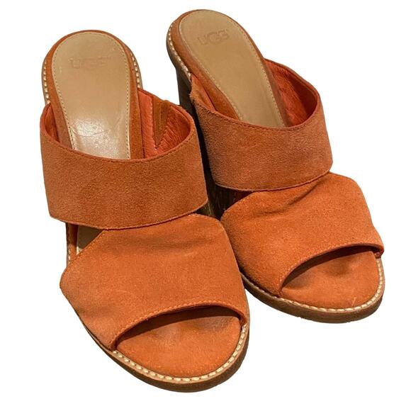 UGG Celia Orange Suede Sandals Size 7M Stacked Heel Mules - Picture 1 of 10